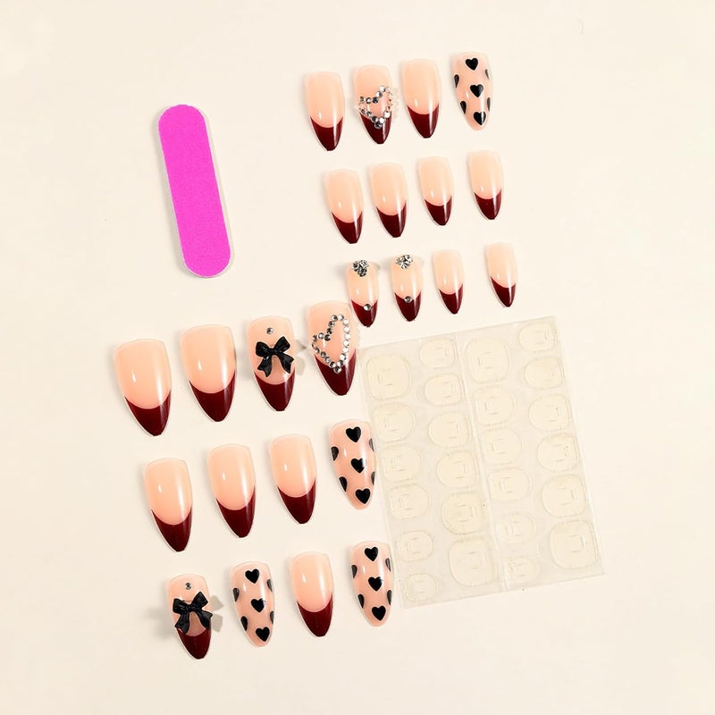 ASABITE 24Pcs Valentines Almond Press on Nails Short Medium Fake Nails French Tip False Nails with Rhinestone Bow Design Valentines Heart Nail Handmade Nails Press ons Full Cover Artificial Nail for Women - Image 2